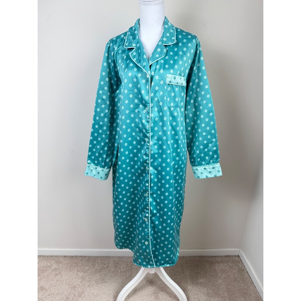 Norm Thompson Women Satin Nightshirt L Teal Medallion Button Sleepwear Midi